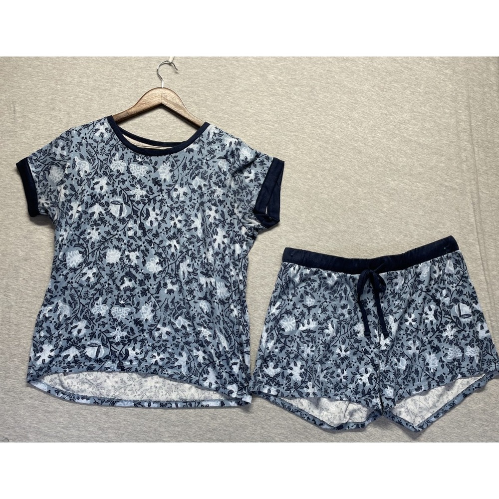 Lucky Brand Shorts & Shirt Pajama Set Womens M Blue Floral Crew Neck Loungewear